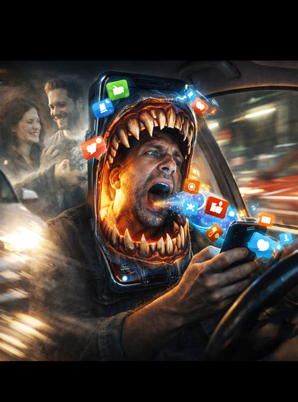 Siegerbild, Mensch mit großem Mund und Social Media Icons im Auto sitzend